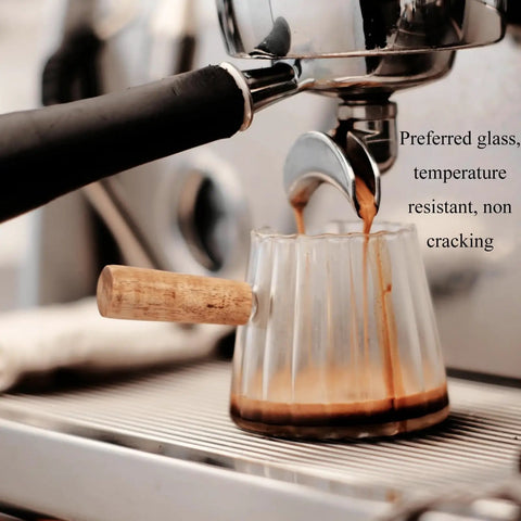 Double Scale Glass Measuring Cup With Wooden Handle For Coffee And Espresso, Milk Frother, V-Shaped Glass Cup, Borosilicate Heat Resistant