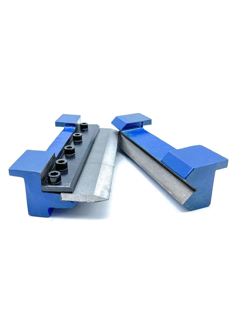 Close-up of 6 Inch Magnetic Vise Mount Brake Die Set 150mm, blue and metal construction, for sheet metal bending with removable segmented fingers.