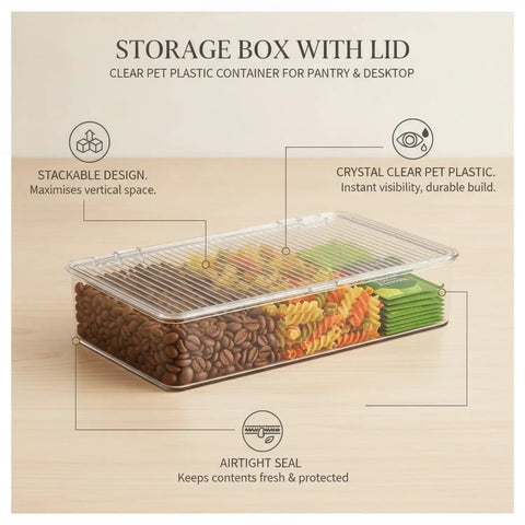 Clear Pet Storage Bin Kick Clutter To The Curb In Style Slick Transparent Plastic Organizer For Pantry Snacks And Desk Essentials Stackable Home Solution To Keep Your Setup Lookin Legit with lid, filled with coffee beans and pasta, showcasing stackable design.