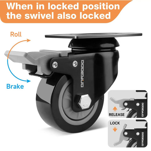 Set Of Four 3 Inch Heavy Duty Rubber Swivel Caster Wheels With Two Parking Brakes And Two Smooth Roll Plates For Home Office Furniture And Utility Carts Built Tough And Dead Quiet On Hard Surfaces Up To 1060 Pounds showing brake mechanism and wheel close-up.