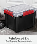 Six Pack Five Gallon Waterproof Storage Totes IP68 Submersible Plastic Bins With Airtight Silicone Seals, black bin with reinforced lid.