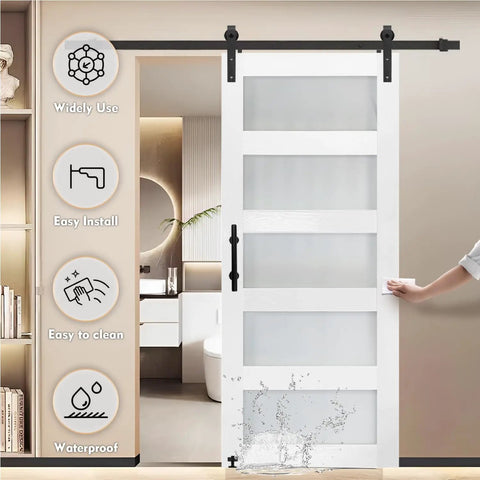 Hella Durable Sliding Barn Door With Smooth Track Hardware Kit For Closets And Hallways Featuring Five Tempered Frosted Glass Panels On A Waterproof PVC Coated Frame Designed For A No Sweat DIY Setup And Rock Solid Feel, shown in modern interior.