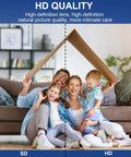 Family sitting under cardboard roof demonstrating HD quality difference, highlighted with clear HD side and blurry SD side of living room.