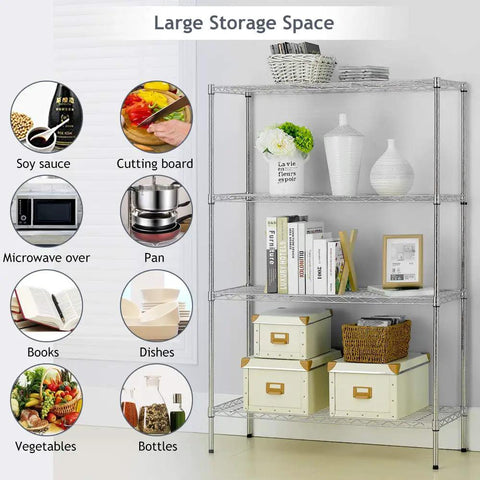 Adjustable Heavy Duty Wire Shelving Rack Four Tier Metal Storage Unit Totally Tool Free Setup Built Tough For Garage And Closet Holds Two Hundred Fifty Pounds Per Shelf Chrome Finish with kitchen items and storage boxes.