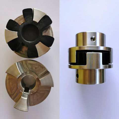 Left: black rubber L-Jaw coupling insert with metal jaw piece; right: chrome L-Jaw coupling hub