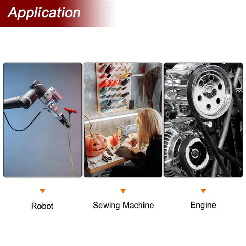 Applications of Heavy Duty GEG17C Sealed Spherical Plain Bearing in robots, sewing machines, and engines.