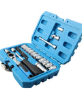 29 Piece Ratchet Socket Wrench Set Made From Heat Treated Chrome Vanadium Steel With Metric Sockets Driver Bits Extensions And Dual Direction Handle Perfect For Auto Repair Or Furniture Assembly A Hardcore Workshop Tool That Works Like A Charm in a blue carrying case.