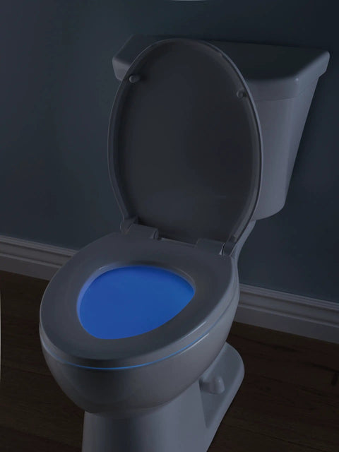 Elongated Nightlight Toilet Seat With Soft Close And Quick Release, Battery Powered Night Light glowing blue in bathroom.