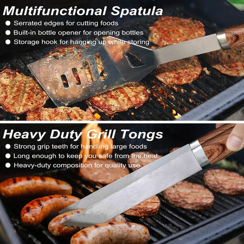 Heavy Duty BBQ Grill Tools Set With Non Slip Stainless Steel Utensils multifunctional spatula and grill tongs in use