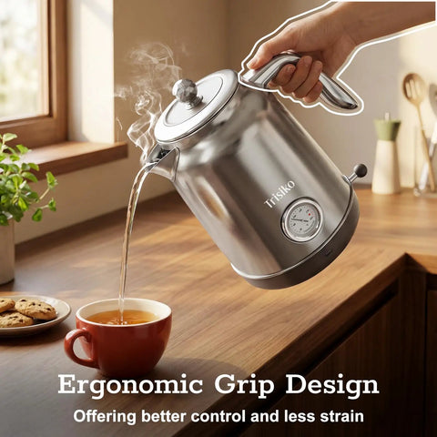 1.7L Large Electric Kettle With Thermometer, stainless steel, chrome finish pouring into a mug on kitchen counter