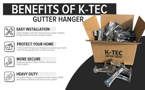Built Like A Tank Quick Install Easy Grip Heavy Duty 5 Inch Hidden Gutter Hangers Pre Inserted Rust Resistant Screws Fasteners And Clips For K Style Aluminum Gutters Solid As A Rock 50 Pack in a box, showcasing installation benefits.
