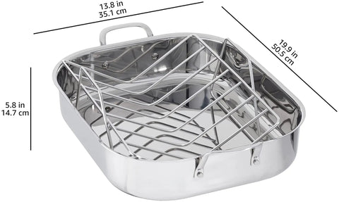 Heavy Gauge Stainless Steel Rectangular Roasting Pan With V Shape Rack Big Bird Turkey Roaster, 16 inch with handles.