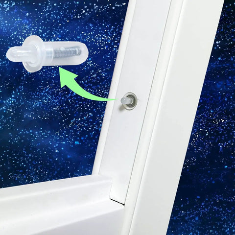 Built To Perfection Plantation Shutter Repair Kit With Heavy Duty Nylon Pins And Rust Proof Steel Springs showing a nylon pin in a window frame.
