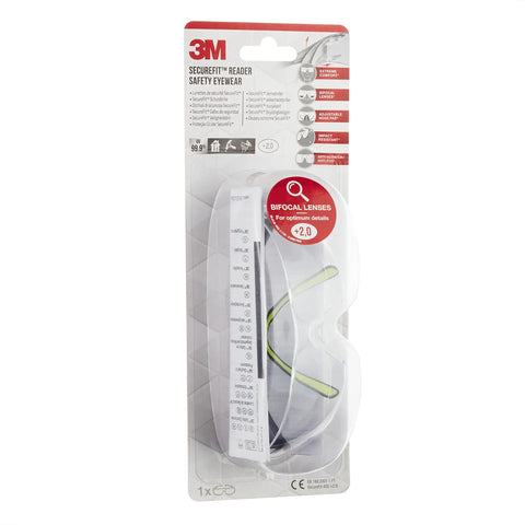 Straight Up Tough Prescription Safety Glasses With Plus Two Point Zero Diopter Reading Aid And Anti Scratch Anti Fog Clear Coating in packaging.