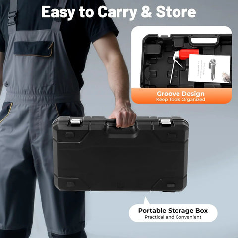 Man holding Pxolerig Heavy Duty Electric Pipe Threader Machine storage case, showcasing its portability and organized design.