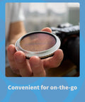 MidOpt optics cleaning kit; close-up of hands holding a round lens element with water droplets on surface