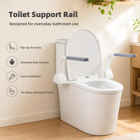 Heavy Duty Carbon Steel Toilet Safety Rails With Rock Solid Grab Bars For Seniors Bathroom Standing Assist Support Frame And Solid Armrest Setup That Handles Two Sixty Pounds Without Breaking A Sweat installed on a standard toilet.