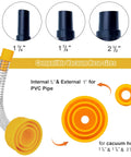 Wet Vac Attachment AC Drain Lines Cleaner Tool AC Drain Line Vacuum Adapter showing compatible vacuum hose sizes and fittings.