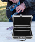 Heavy Duty Aluminum Toolbox With Secure Snap Latch And Rugged Carry Handle For Smart Hardware Organizing and Quick Load Out Outdoor Jobs Or Weekend Garage Grind, open with a black interior.