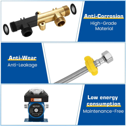 Instant Hot Water Delivery Recirculation Pump Replacement Kit With Durable Brass Valves And Quick Connect Lines, showing brass valve and quality hose.
