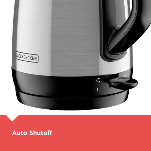 Close-up of stainless steel 1.7L cordless electric kettle with rapid boil technology and auto shutoff, showing power switch, KE1700SD.