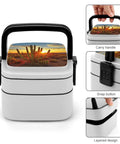 Sunset Cactus Desert Themed Two Compartment Lunch Box With Lids 550ml Lower 450ml Upper Leak Proof Reusable Food Container