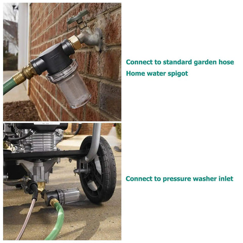 Inline Garden Hose Water Filter For Pressure Washer With Sediment Strainer And Two Extra 100 Mesh Screens Plus Heavy Duty Gasket Set For Straight Plug Ease And Works Like A Champ Outdoors attached to home spigot and pressure washer.