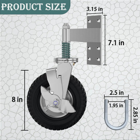 Heavy Duty 8 Inch Gate Wheels With Brake Rock Solid Spring Suspension showing size dimensions and steel frame detail
