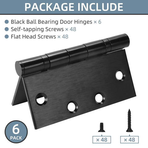 Heavy Duty 4 Point 5 Inch Ball Bearing Door Hinges With Square Corners Matte Black Finish Six Pack includes 6 hinges and 48 screws.