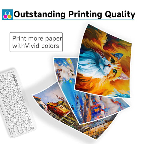 Printed papers with vivid colors showcasing art images, next to a keyboard, demonstrating 63XL Black And Color Ink Cartridge Combo Pack Easy Swap Replacement For DeskJet And Envy Printers Includes One Black And One Color High Capacity 63XL Fits 1110 3630 4510 Series quality.
