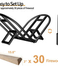 Foldable Firewood Rack For Indoor And Outdoor Use Heavy Duty Metal Wood Holder Keeps Logs Dry And Organized by Fireplace Firepit or Stove Sturdy Storage With Easy Assembly, shown flat and folded with log capacity details.
