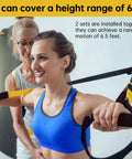 Wall Mounted Multi Functional Fitness Anchor System With Adjustable Resistance Bands Designed For A Compact Home Setup To Crush Reps And Level Up Your Daily Strength Training Routine In Blue showing a woman using resistance bands.