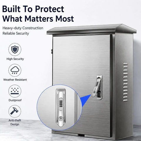 Lockable EV Charger Box Featuring 304 Stainless Steel For All Weather Outdoor Protection And Secure Electric Vehicle Charging With A Knockout Brushed Finish Built Tough For Home Or Office Setups, showcasing a combination lock.