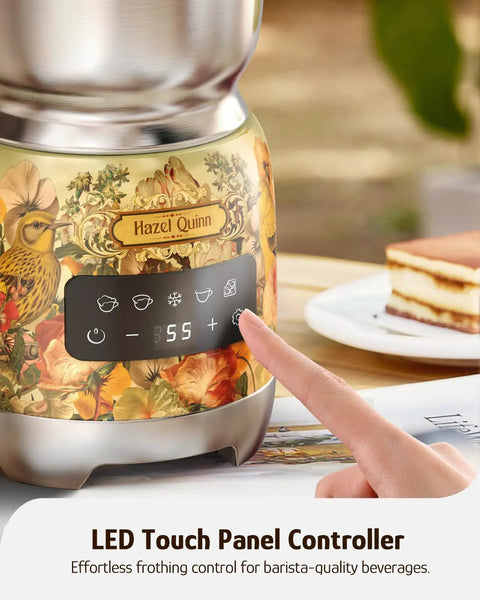 Detachable Milk Frother With Four Temperature Settings Delivers Barista Style Foam control panel with floral design