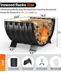 Go-To Rustproof Metal Firewood Rack For Outdoor Fire Pit And Indoor Fireplace Storage with stacked firewood, dimensions shown.
