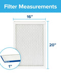 Top Notch 16x20x1 MERV 13 Pleated Furnace Air Filter MPR 2200 Elite size chart for 16x20 inches, detailing dimensions.