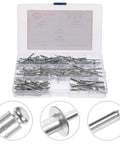 Aluminum Pop Rivets Kit 140Pcs Assortment With Flanged Dome Head Blind Rivets in clear plastic case with detailed close-ups