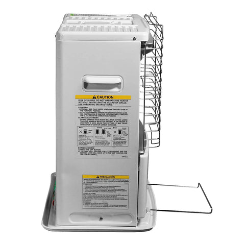 Side view of HeatMate Portable Kerosene Heater For Indoor And Outdoor Use 10000 BTU Cordless Space Heater with safety cage.