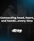 Man working at router table, text overlay 'Connecting head, heart, and hands...every time'