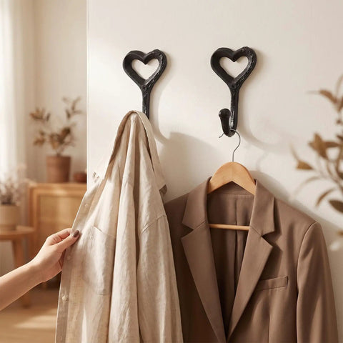 12 Pack Heavy Duty Cast Iron Coat Hooks Wall Mounted Black Workhorse Wall Storage For Coats Bags Built Tough For The Daily Grind With A Sleek Flat Black Finish That Lasts In Any Room, showcasing two hooks with a shirt and jacket.