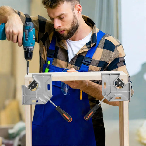 Woodworker using Right Angle Corner Clamp 4 Pack With Single Handle, 90 Degree Aluminum Alloy Pro-Grade Clamps for Photo Frames