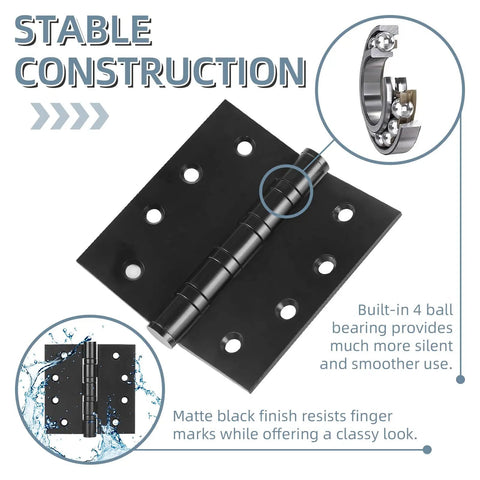 Six Pack Tough As Nails 4 Inch Stainless Steel Door Hinges Heavy Duty Ball Bearing Action Matte Black Finish showcasing smooth ball bearing.