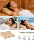 Upgraded Handcrafted Hemlock Wood Sauna Pillow For Head Neck And Shoulder Support Curved Ergonomic Design shown in sauna and beach settings.