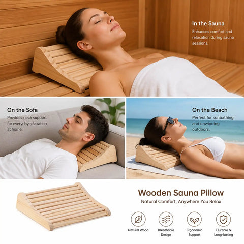 Upgraded Handcrafted Hemlock Wood Sauna Pillow For Head Neck And Shoulder Support Curved Ergonomic Design shown in sauna and beach settings.