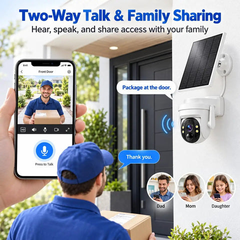 Wireless Outdoor Solar Security Camera 3MP HD With 355 View Angle PIR Motion Detection Full Color Night Vision Two Way Audio IP65 Weatherproof Body Cloud And Local Storage showing two-way talk feature with person at door.