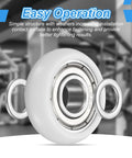Close-up of Heavy Duty Nylon Guide Pulley Roller Kit featuring white roller wheel and stainless spacers for smooth sliding.