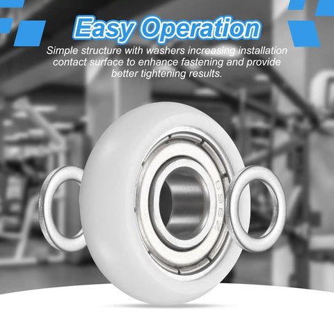 Close-up of Heavy Duty Nylon Guide Pulley Roller Kit featuring white roller wheel and stainless spacers for smooth sliding.