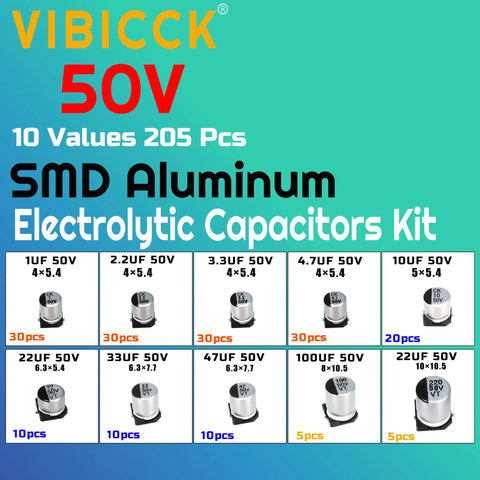 Professional Grade Top Shelf Smd Aluminum Electrolytic Capacitor Assortment 180 Piece Maker Kit featuring 50v ratings and 10 values.