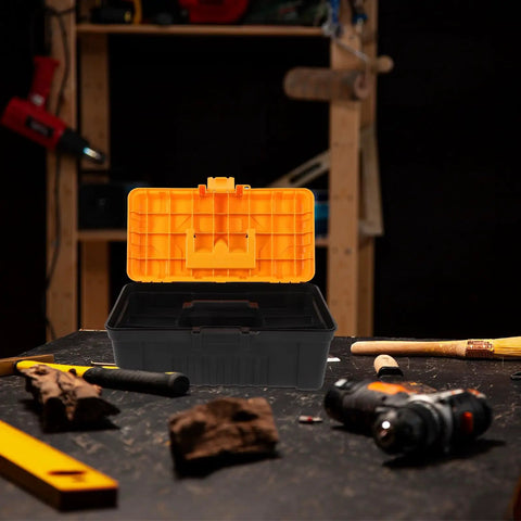 Rugged Multilayer Plastic Toolbox With A Secure Snap Latch And Spacious Yet Compact Shape on a workbench with tools.