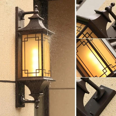 Classic Rustic Outdoor Wall Light Large Aluminum Bracket Frosted Glass Garden Sconce Waterproof Ip65 Exterior Lantern Heavy Duty Metal Housing And Vintage Style with rain droplets.